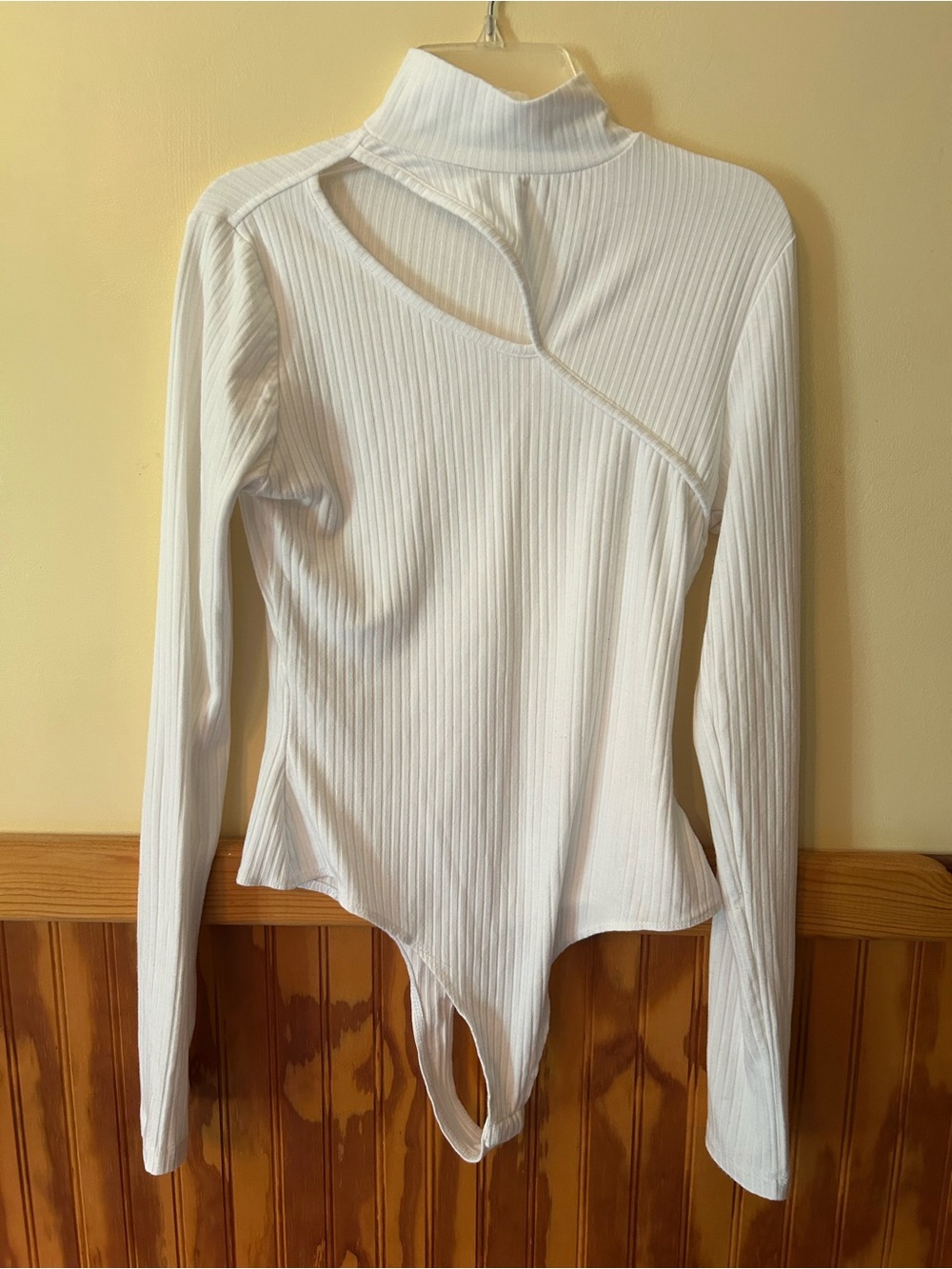 SO White Ribbed Long-Sleeve Mock Neck Bodysuit with Asymmetrical Cutout